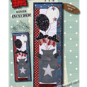 Può includere: Uno schema di quilting per un'appendice murale patriottica con una latta di latte con una stella e il numero 76, circondata da palloncini rossi, bianchi e blu. Lo schema è intitolato "Old Glory Milkcan" e include un gancio. Lo schema misura 15,2 cm per 45,7 cm ed è classificato come facile.