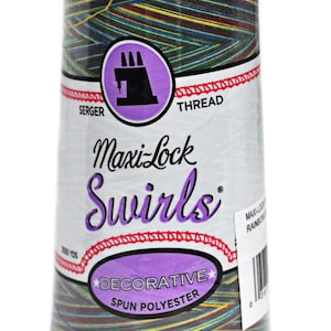 May include: A spool of Maxi-Lock Swirls decorative spun polyester thread in a rainbow of colors. The spool is labeled "Maxi-Lock Swirls Decorative Spun Polyester" and "Serger Thread".