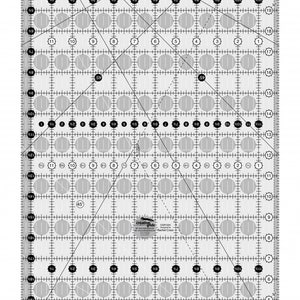 May include: A clear plastic ruler with a grid pattern and circles. The ruler has markings in inches and includes a QR code. The ruler is designed for quilting and sewing.