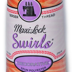 May include: A spool of orange and white Maxi-Lock Swirls decorative spun polyester thread for sergers. The spool is labeled "Maxi-Lock Swirls" and "Decorative Spun Polyester".