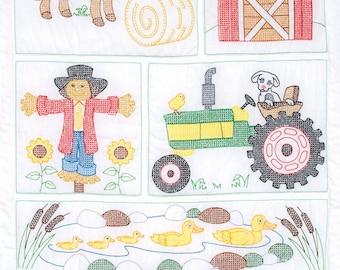 May include: A colourful illustration of a farm scene with a horse, barn, scarecrow, tractor, ducks, sheep, pig, and cow. The illustration is done in a cross-stitch style.