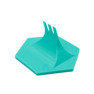 May include: A turquoise plastic display stand with a hexagonal base and a curved, three-pronged top.