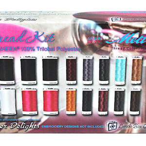 May include: A box of Mettler Thread Kit Poly Sheen 100% Trilobal Polyester thread in a variety of colors. The box features the text "Thread Kit", "Poly Sheen 100% Trilobal Polyester", "Diner Delights", and "Lunch Box Quilts".