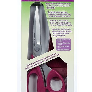 May include: Clover Bordeaux Ultimate Shears 200 measuring 7-3/4 inches. These silver metal scissors feature dark pink ergonomic handles and come with a genuine leather sheath. The packaging displays the product name and brand logo.