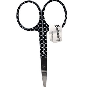 May include: Embroidery scissors with a black and white patterned handle. The scissors have a silver blade and a small white tag that reads "Embroidery" and "Style #6340-17". The handles have a circular design.
