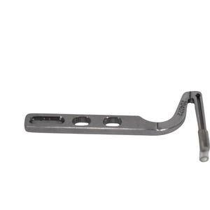 May include: A silver-colored surgical implant with a curved design. It features a flat section with three holes and a bent, rectangular extension. The number "204072" is etched on the curved section. The implant is designed for medical use.