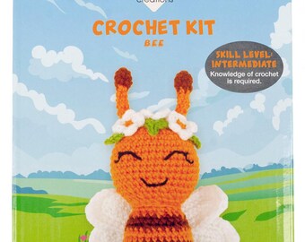 May include: Crochet kit to make a bee with a flower crown. The kit includes everything you need to make a 4 1/2 inch tall bee. The bee is orange and brown with white wings. The kit is for intermediate crocheters.