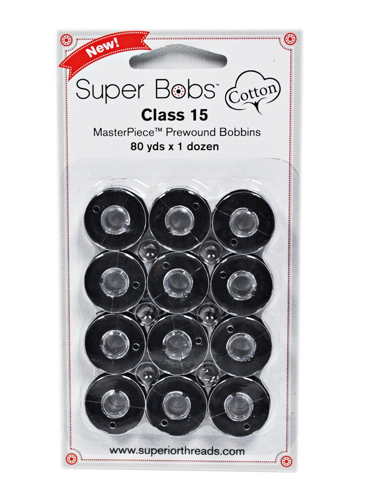 Super Bobs MasterPiece Cotton 80yd Prewound Bobbins 12ct Class 15 Raven