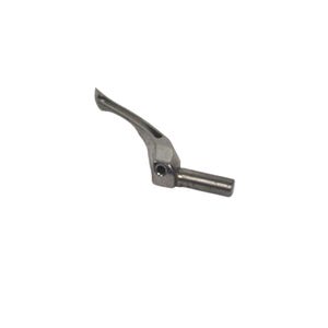May include: A silver-colored, curved metal lever with a cylindrical extension. The lever has a small hole and a curved, hook-like end. The object is set against a white background.