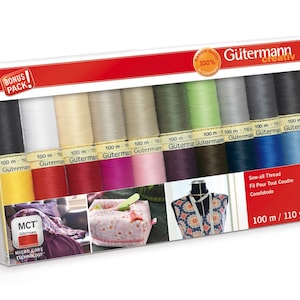 Könnte beinhalten: Eine Packung Gütermann Nähgarn in verschiedenen Farben. Die Packung enthält ein Bonus-Pack und enthält Garnrollen in Schwarz-, Weiß-, Gelb-, Rot-, Rosa-, Grün- und Blautönen. Jede Spule enthält 100 m Garn.