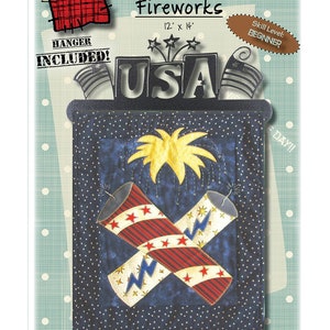 May include: A quilting pattern for a 30.5 cm x 35.5 cm wall hanging featuring a patriotic design with fireworks, firecrackers, and the word "USA". The pattern includes a hanger and is labelled as beginner level.