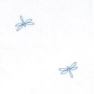 May include: White embroidered linen towel featuring colorful floral and dragonfly designs. The embroidery includes orange, yellow, and blue accents. The towel is a rectangular shape.