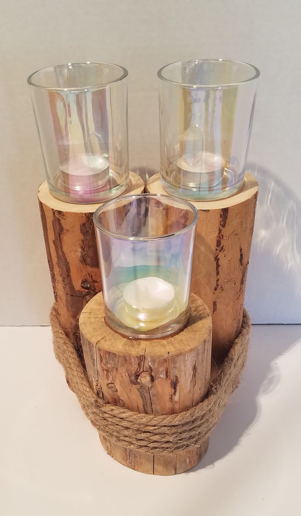 Rustic wood pillar candle holder wrapped in rope Etsy