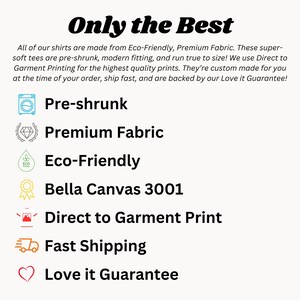 May include: A graphic with a list of features for t-shirts, including pre-shrunk, premium fabric, eco-friendly, Bella Canvas 3001, direct to garment print, fast shipping, and a love it guarantee.