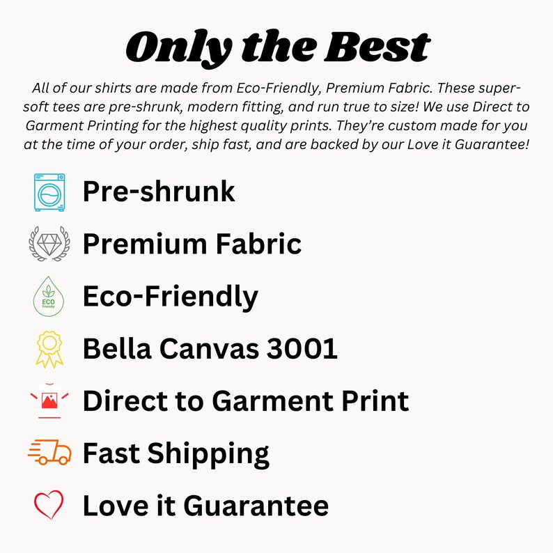 May include: A graphic with a list of features for t-shirts, including pre-shrunk, premium fabric, eco-friendly, Bella Canvas 3001, direct to garment print, fast shipping, and a love it guarantee.