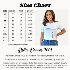 May include: Size chart for Bella+Canvas 3001 t-shirts, showing measurements in inches for chest, length, and width for sizes XS to 5XL.