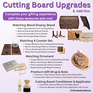 May include: Promotional image for cutting board upgrades and add-ons. Includes display stands, coaster sets, ornaments, gift wrap, and cutting board conditioner. Text reads "Cutting Board Upgrades & Add-Ons" and "Complete your gifting experience with these awesome add-ons!"