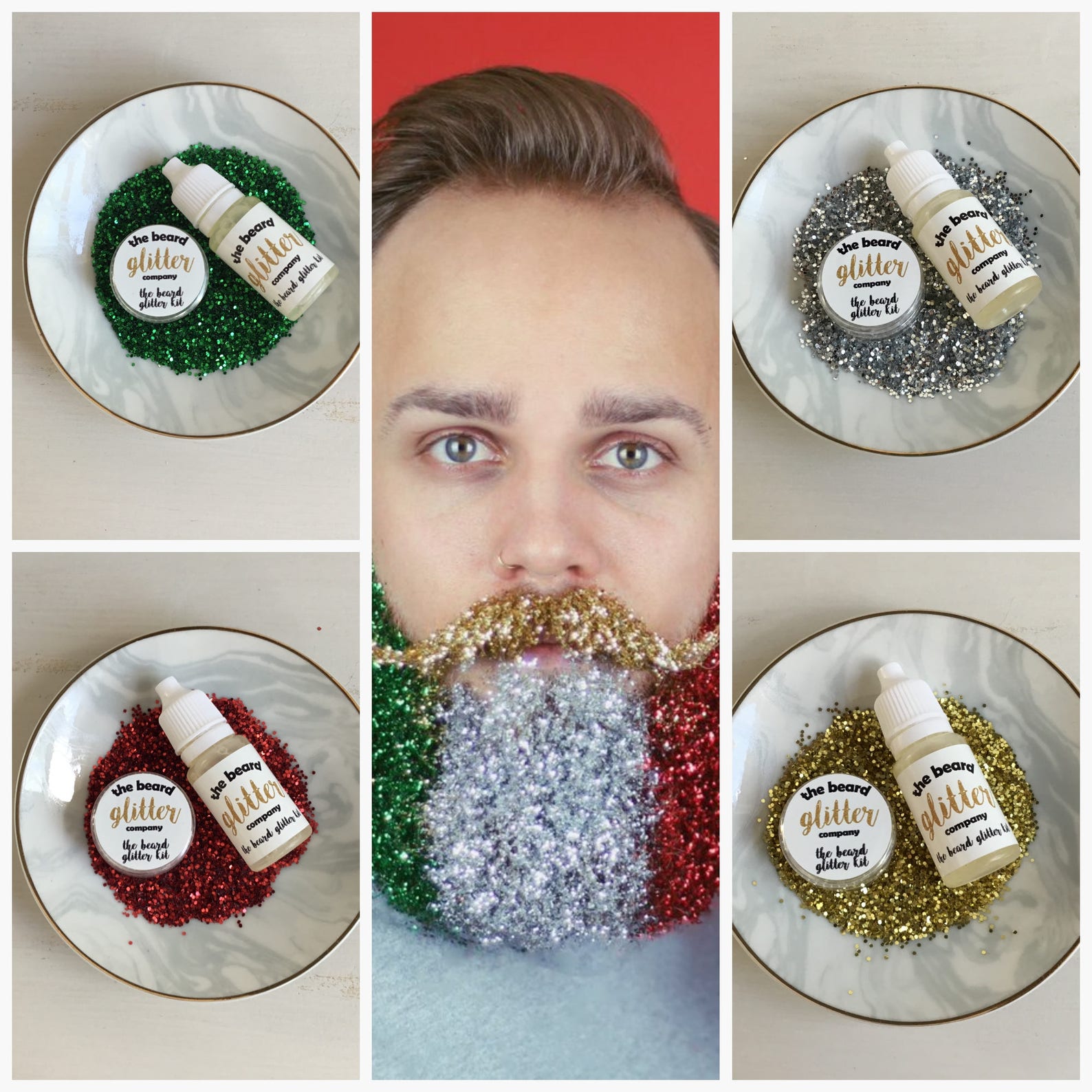 Festive Glitter Beard Kit 4 Christmas Colours Set red,green,silver,gold