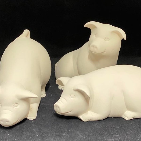 Ceramic 3 Pig Set, Unfinished Bisque, Unpainted Ceramics, Pig Figure, Hogs, Ready to Paint, Charlottes Web, Room Decor, Also sold separately