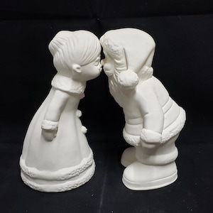 Cerámica sin pintar de Papá Noel y la señora Claus besándose, lista para pintar, bizcocho sin terminar, Navidad vintage
