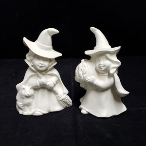 Unpainted Ceramic Witch Pair, Unfinished Bisque, Halloween Witches, Come as Set!