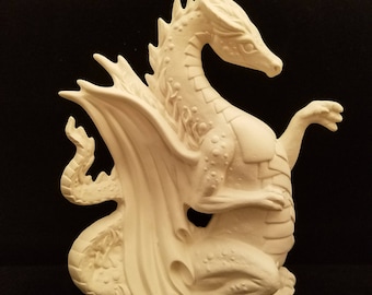 Unpainted Ceramic FIRE Dragon, Unfinished Bisque, Unpainted Ceramics, Ready to Paint, 7" Tall, Fantasy, ceramic Dragon, Fiery Winged Beast