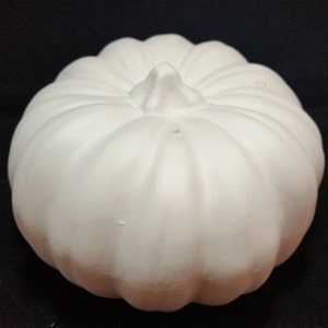 May include: A white ceramic pumpkin with a smooth, rounded surface and a slightly pointed top. The pumpkin is a blank canvas for painting or decorating.