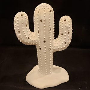 Unpainted Ceramic Cactus, Unfinished Bisque, 8" Tall Small Christmas Cactus, Ready to Paint, Lighted, Holes/Bulbs/Light Kit Available