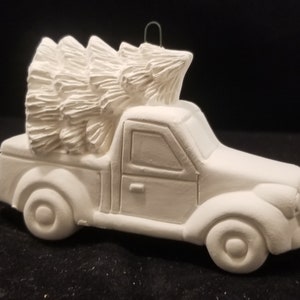 SINGLE ORNAMENT Unpainted - Ceramic Christmas Tree Truck with Hanger, Ready to Paint, Unfinished Bisque, Red Christmas Pickup with Tree