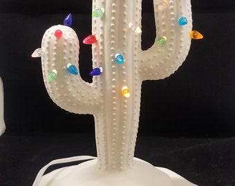Cacto de cerâmica sem pintura, em porcelana crua, com luzes, pronto para pintar, com furos/lâmpadas/kit de iluminação disponíveis, base não incluída.