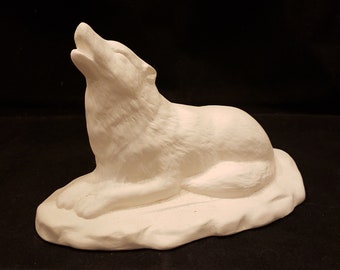 Unpainted Ceramic Wolf Laying, Unfinished Bisque Wolves, Ready to Paint, 4" Tall, Ready to Paint, Sold Separately, Part of Wolf Set