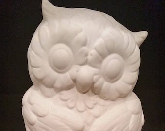 Unpainted Ceramic Cute Owl, Unfinished Bisque, Bird Ceramics Figurine, Wise Owl Statue, Ready to Paint, 5&quot; Tall, Owl Collection, Part of Set