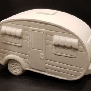 Unpainted Ceramic Camper, Unfinished Bisque, RV, Travel Trailer, Light Kit Option, Can go with Pickup, Ready to Paint