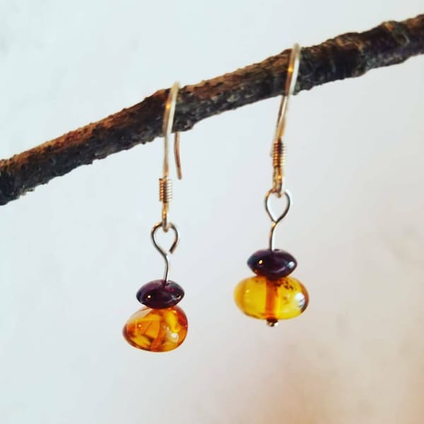 Garnet and Baltic Amber Small Dangle Earrings with Sterling Silver Ear Hooks