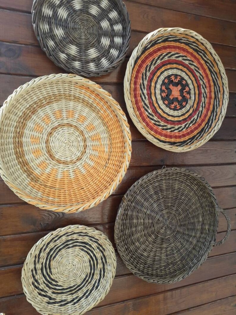 Boho wall art. Set of 5 wall baskets. Wicker round bowl