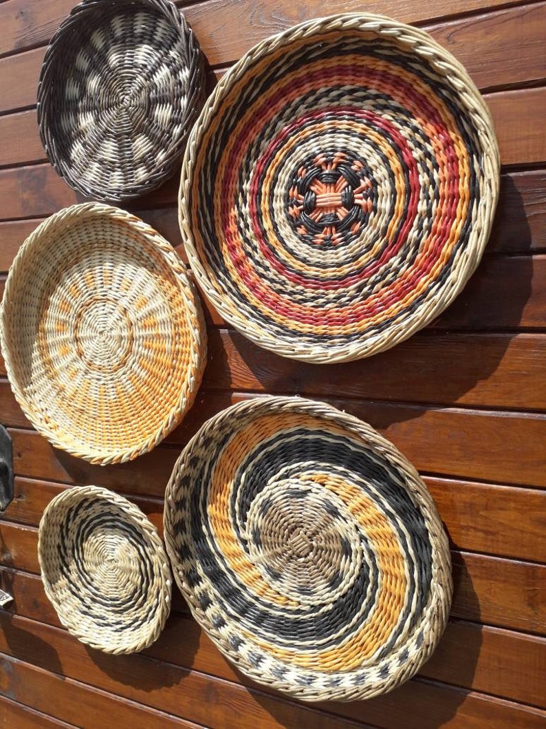 Boho wall art. Set of 5 wall baskets. Wicker round bowl