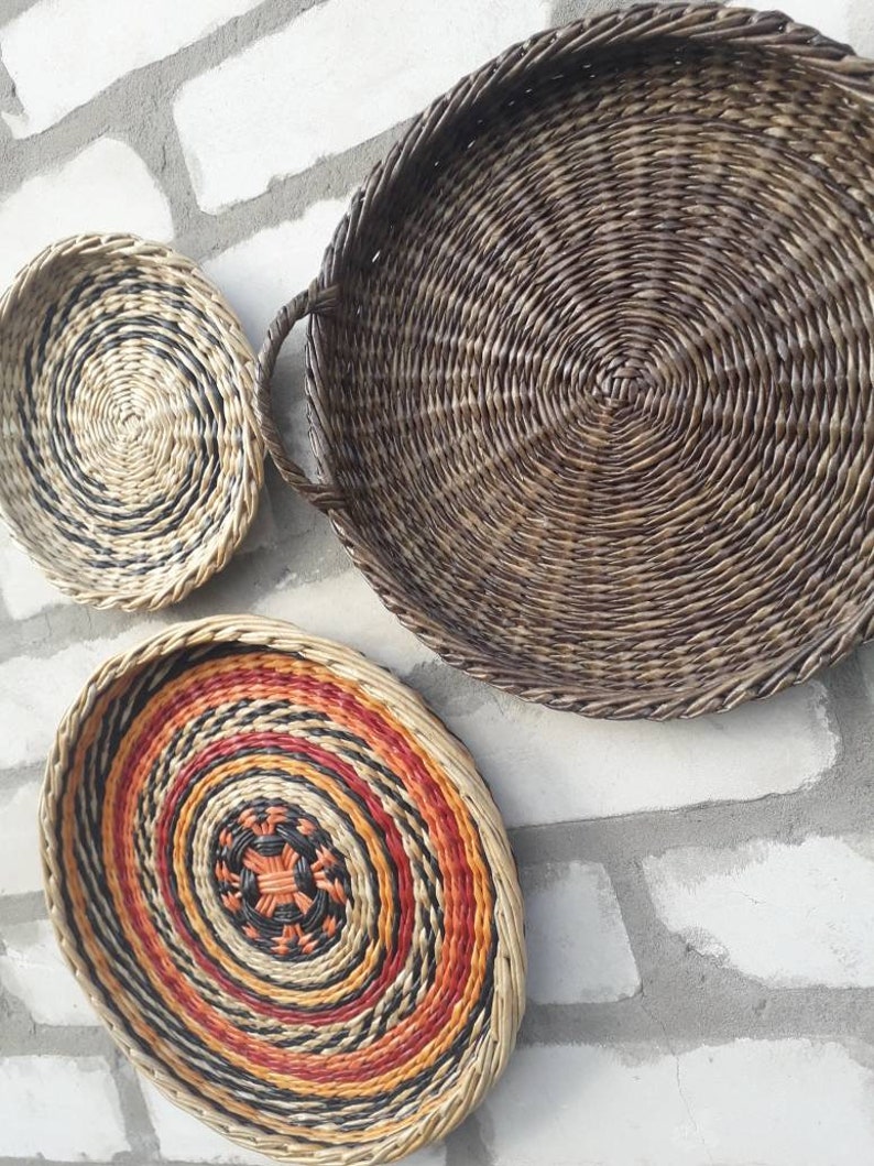 Boho wall art. Set of 3 wall baskets. Wicker round bowl