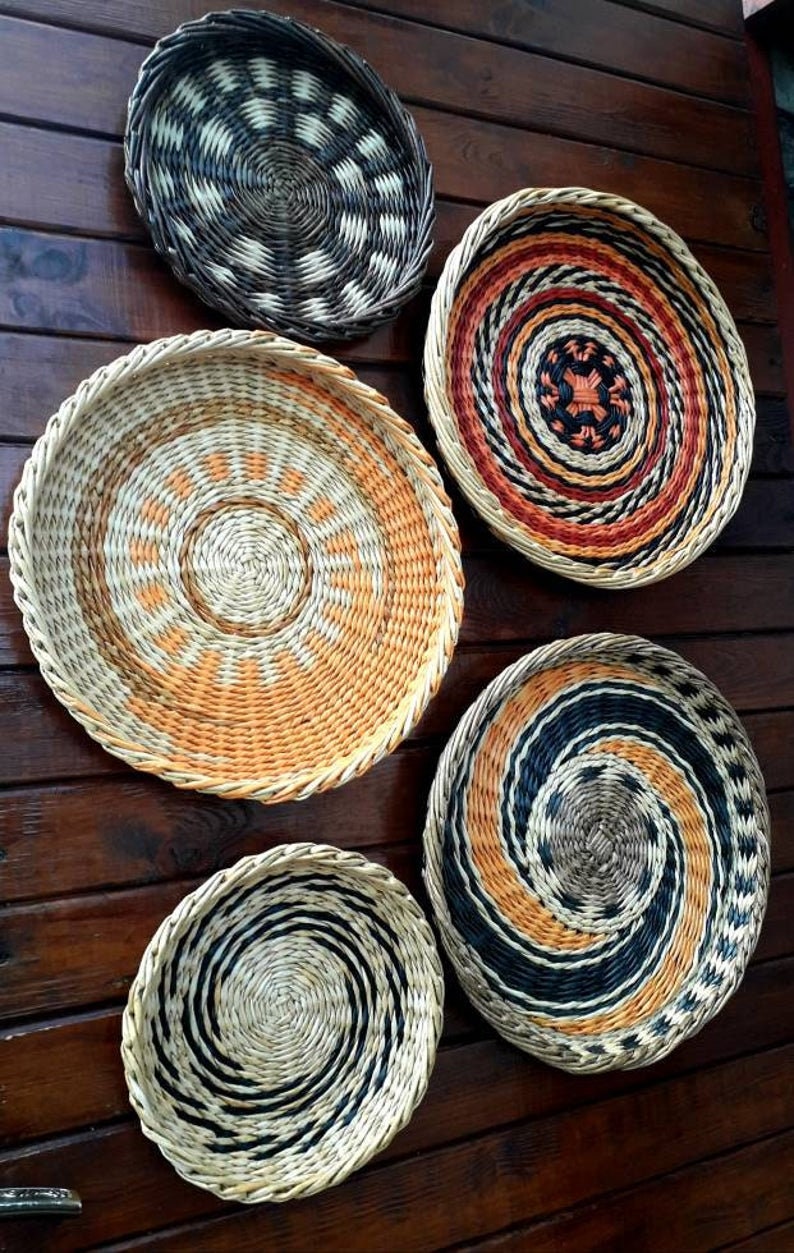 Boho Wall Art. Set of 5 Wall Baskets. Wicker Round Bowl. Etsy