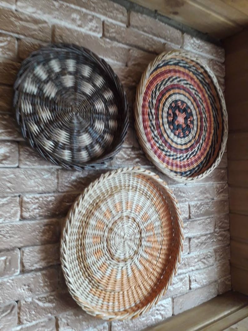 Boho wall art. Set of 3 wall baskets. Wicker round bowl