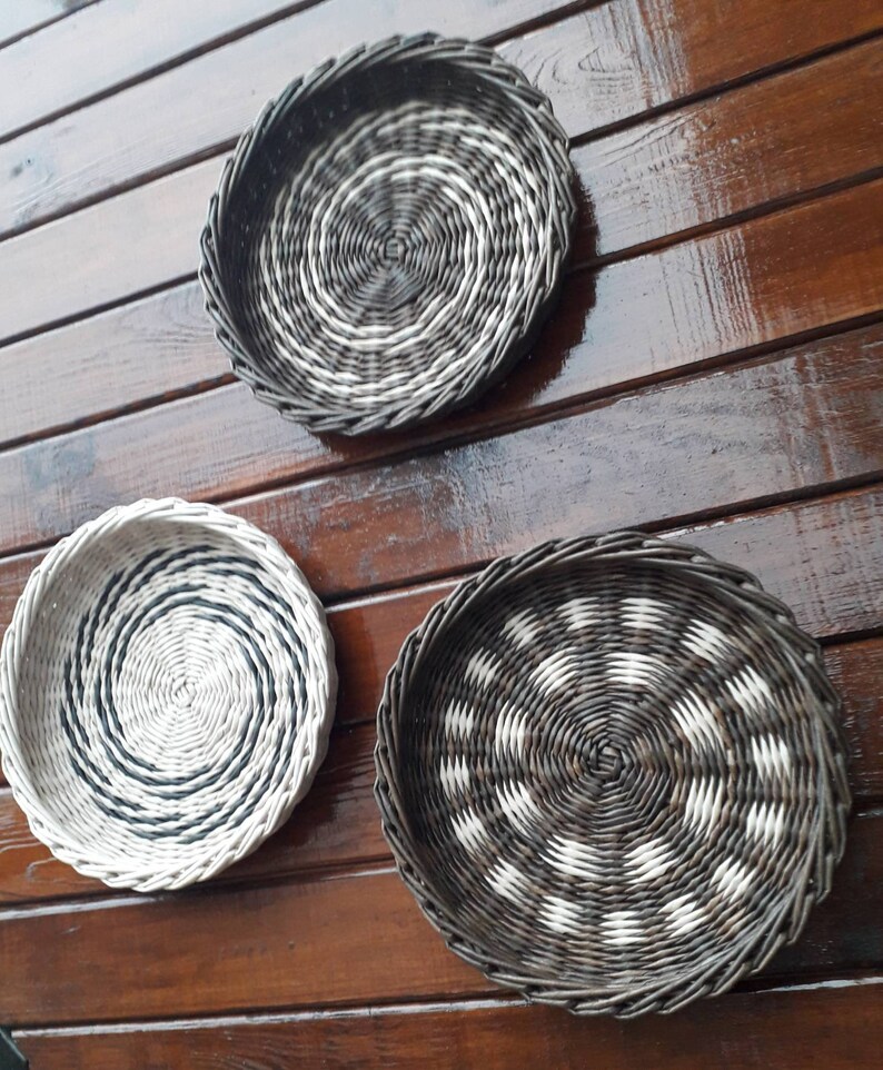 Boho wall art. Set of 3 wall baskets. Wicker round bowl