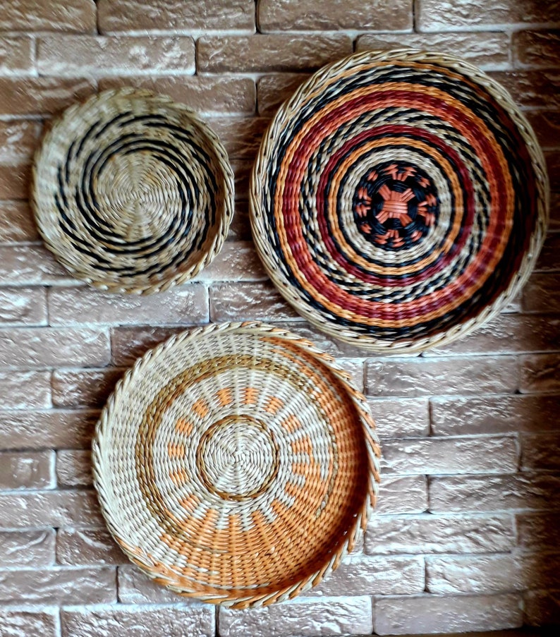 Boho wall art. Set of 3 wall baskets. Wicker round bowl