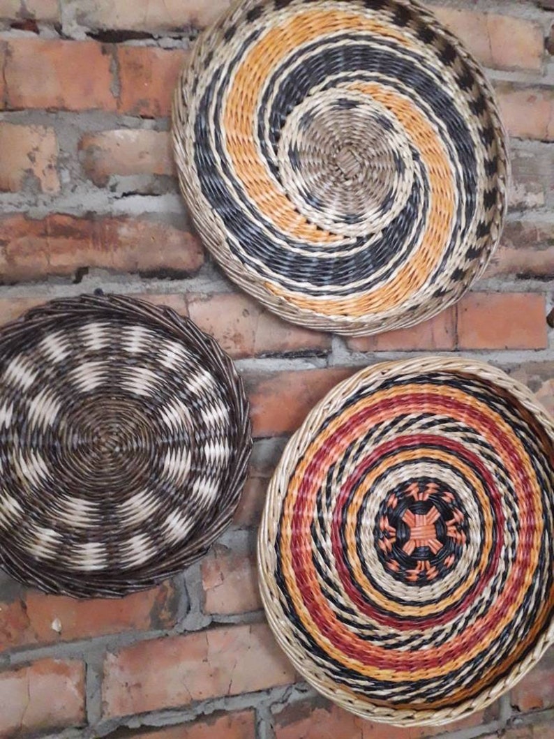 Boho wall art. Set of 3 wall baskets. Wicker round bowl