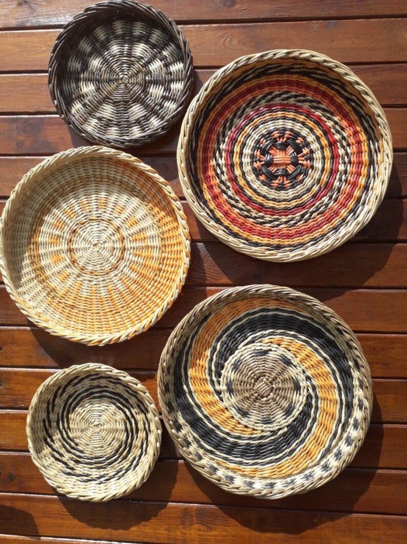 Boho wall art. Set of 5 wall baskets. Wicker round bowl