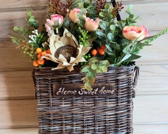 door hanger for basket with flowers and greenery.decorative bouquet. rustic style. gift for mother.