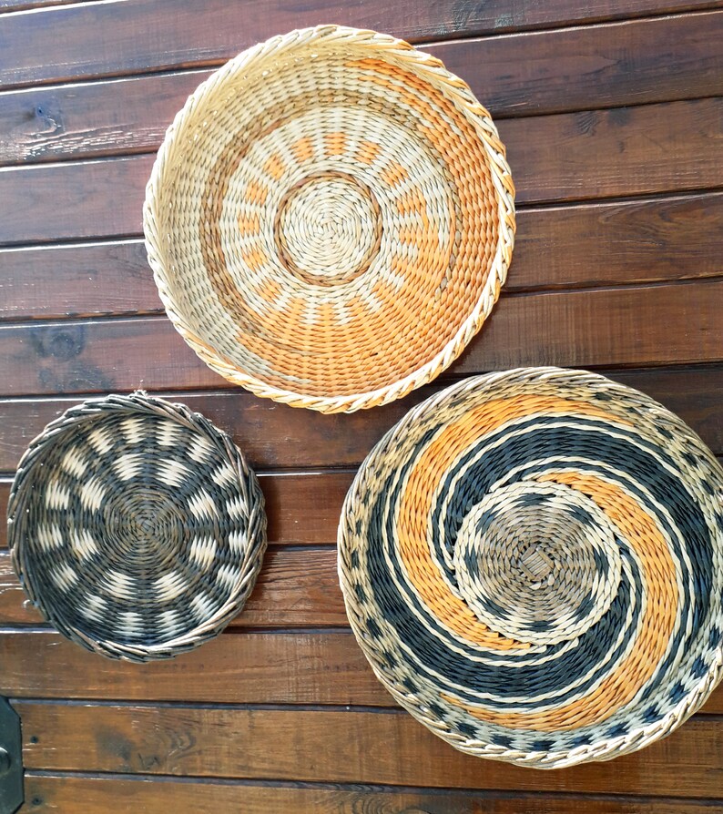 Boho wall art. Set of 3 wall baskets. Wicker round bowl