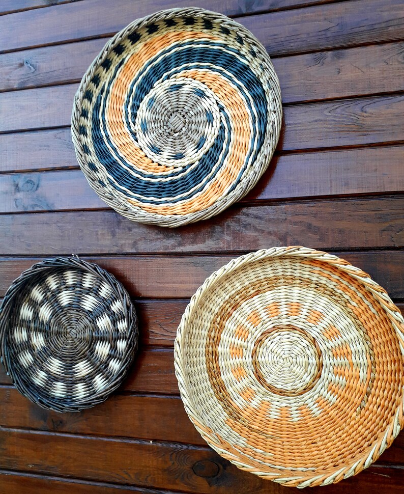 Boho wall art. Set of 3 wall baskets. Wicker round bowl