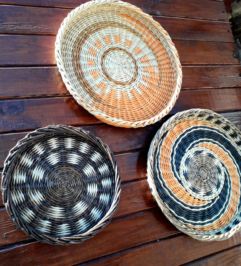 Boho wall art. Set of 3 wall baskets. Wicker round bowl