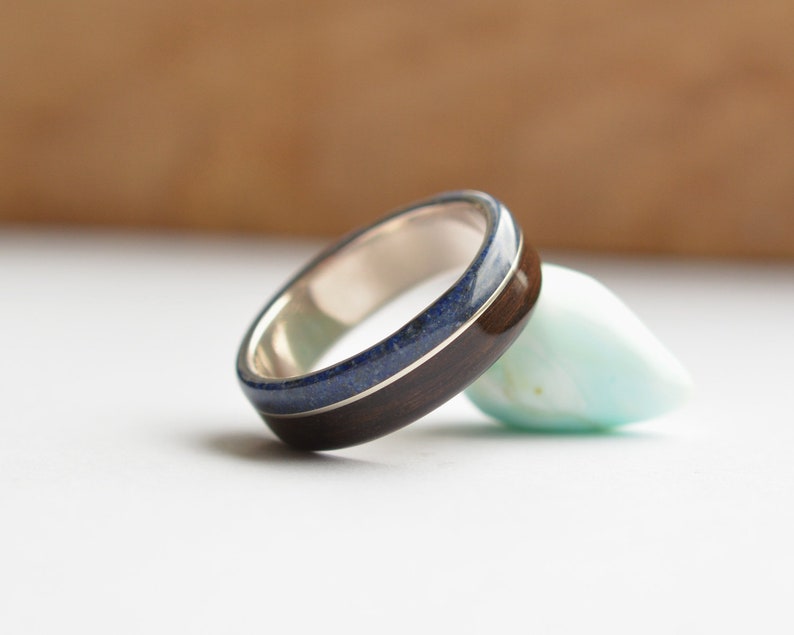 Handmade bog oak wood ring with stainless steel and crushed lapis lazuli inlays on sterling silver core Perfect wood wedding band