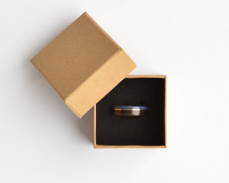 Handmade bog oak wood ring with stainless steel and crushed lapis lazuli inlays on sterling silver core Perfect wood wedding band