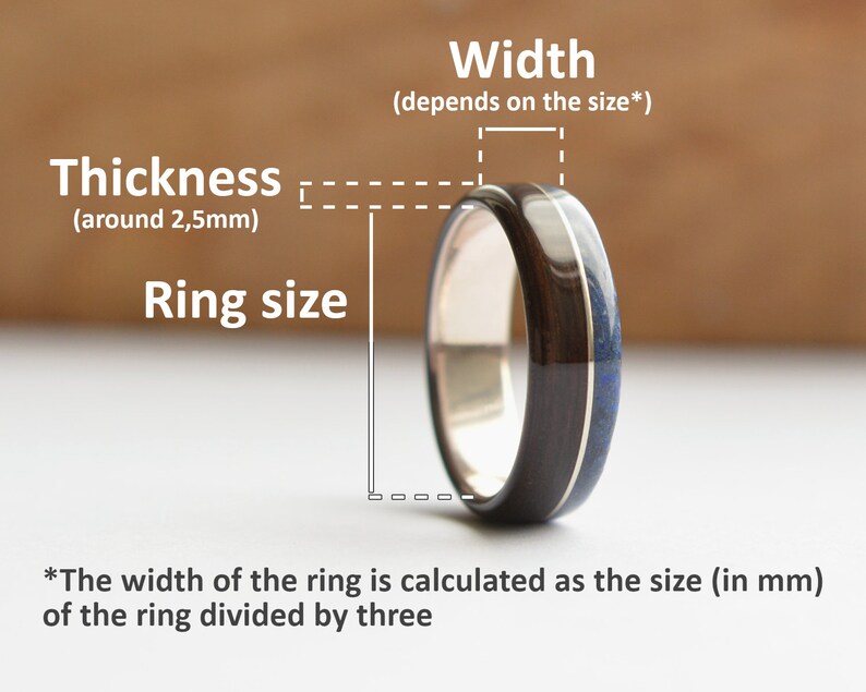 Handmade bog oak wood ring with stainless steel and crushed lapis lazuli inlays on sterling silver core Perfect wood wedding band